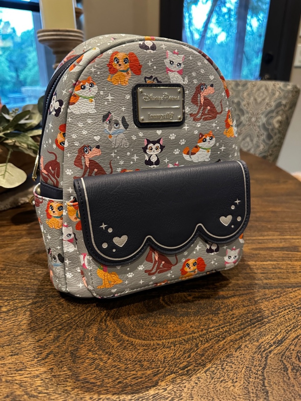 Loungefly Mini Backpack w/Navy Scalloped Pocket - Parks Cats & Dog (Retired)